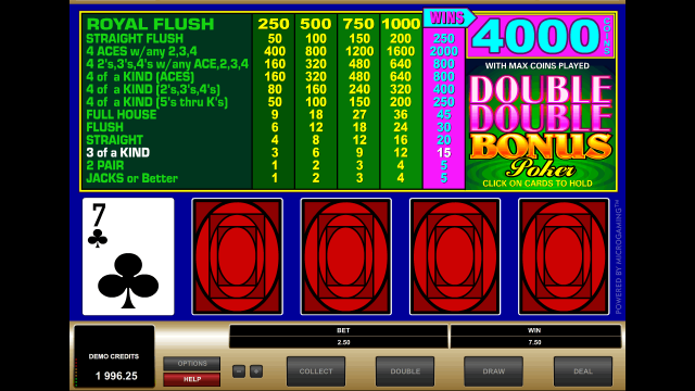 Игровой интерфейс Double Double Bonus Poker 3